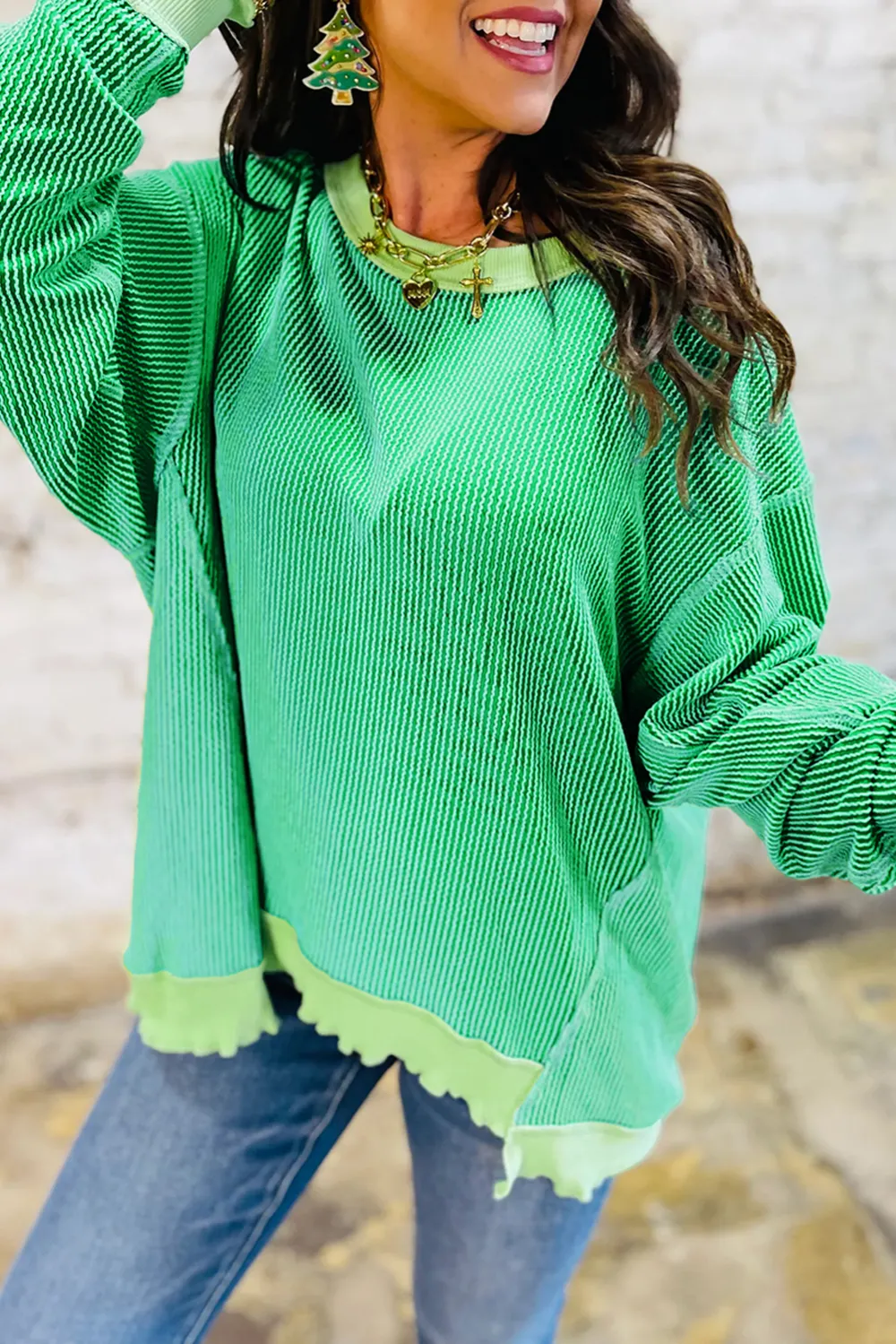 Bright Green Twisted Rib Uneven Top
