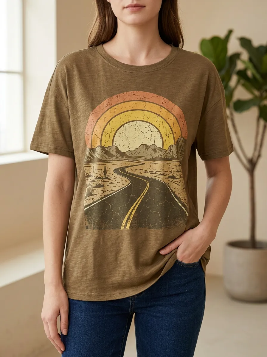 Women's Trail Retro Desert Road Sunset Crew Neck T-Shirt