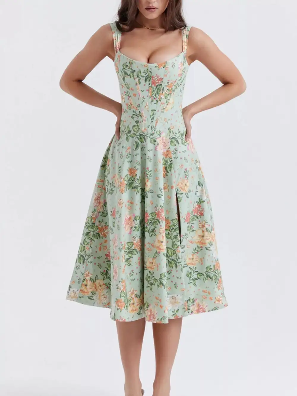 Drape Floral Printed Slit Midi Dress