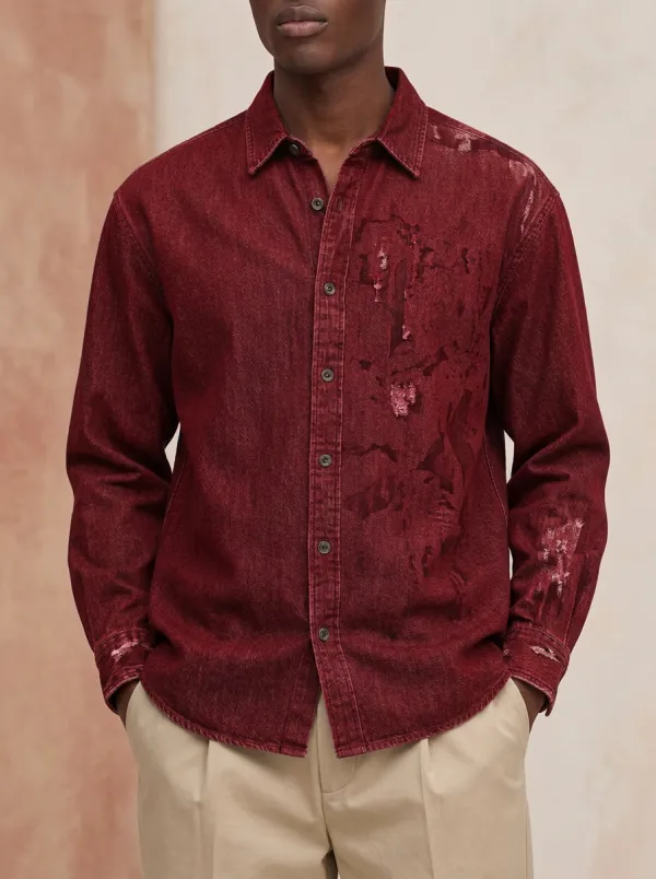 Men's Distressed Abstract Ink Splatter Denim Shirt