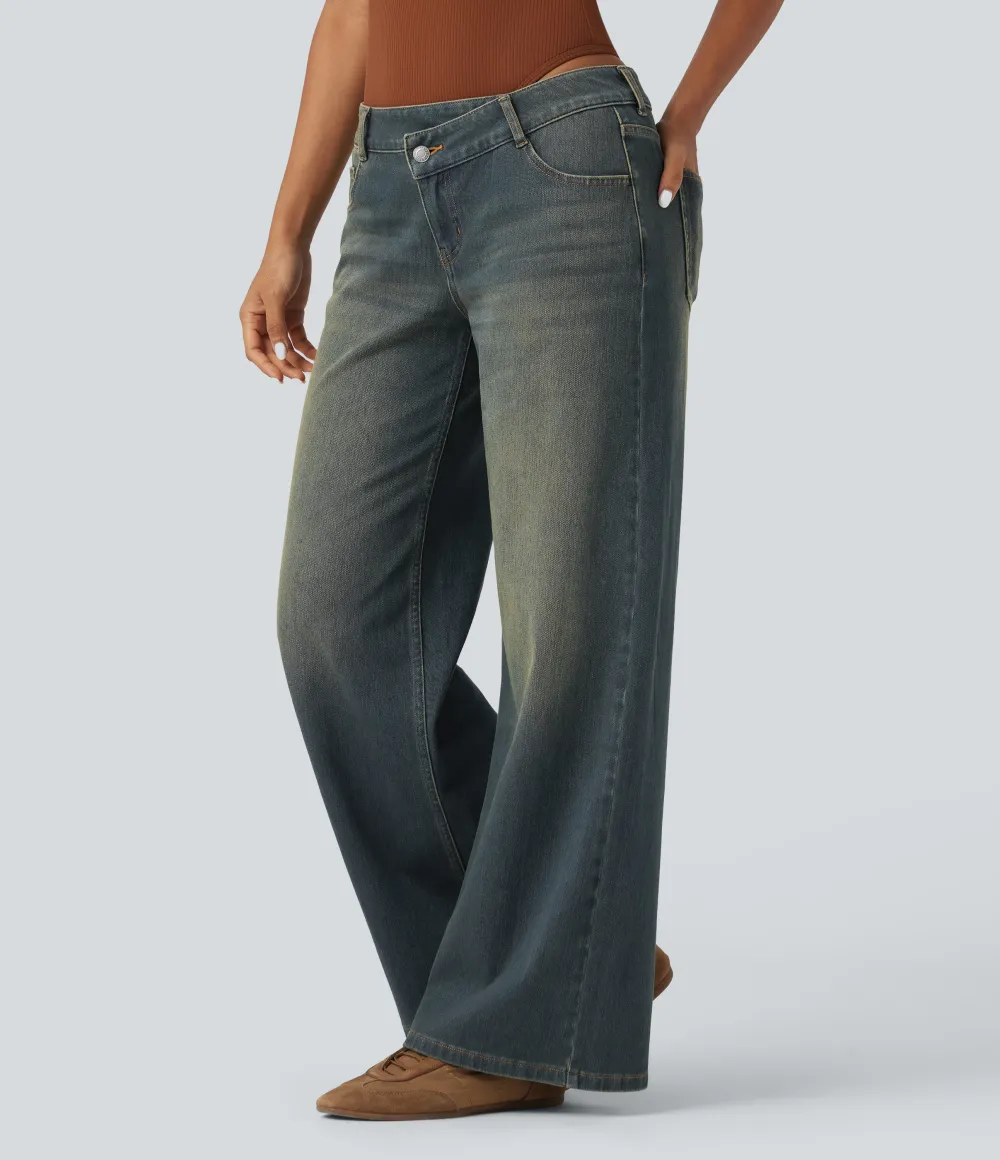 Asymmetric Low Rise Zipper Pockets Baggy Wide Leg Washed Casual Jeans