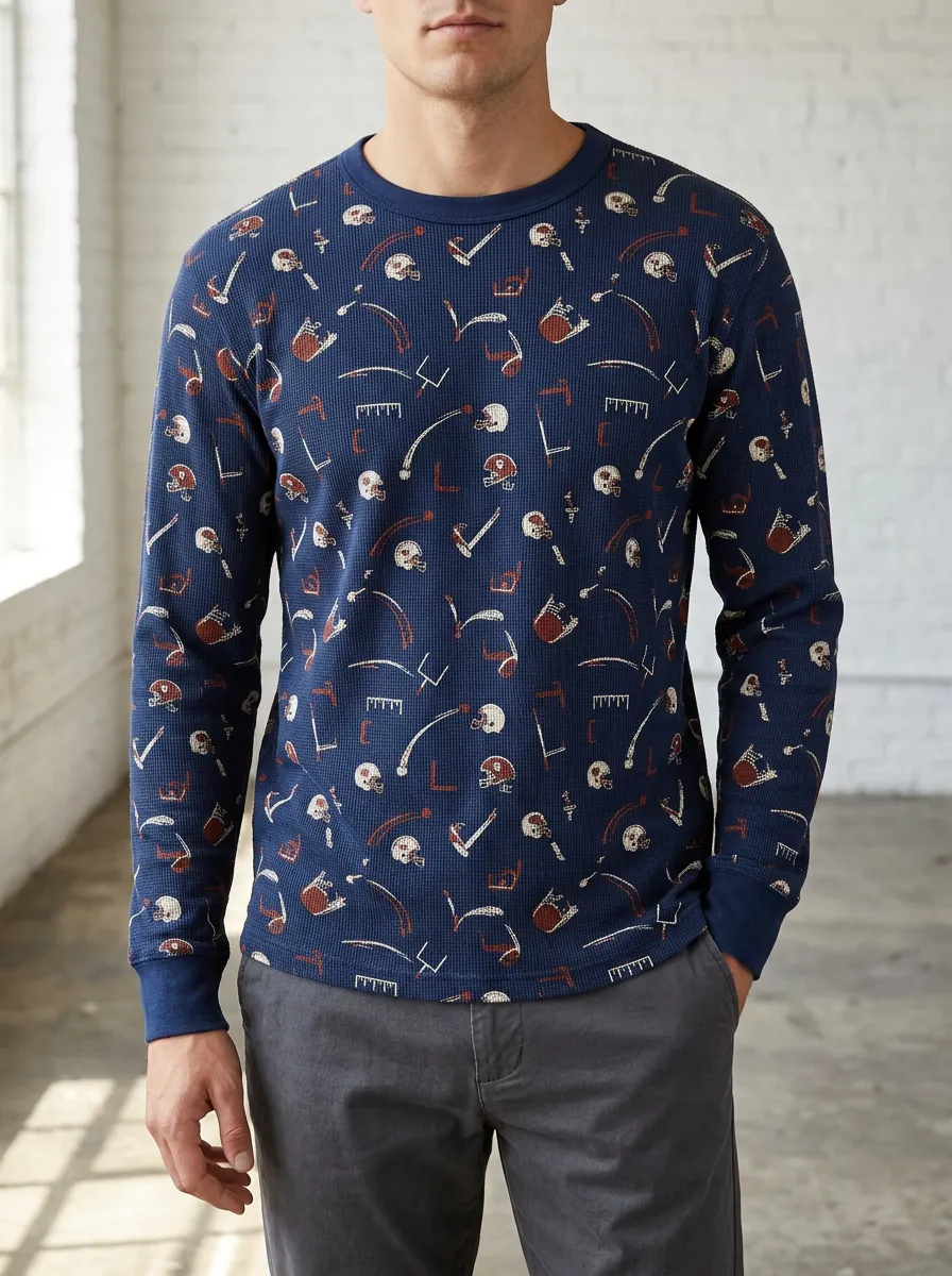 Men's Football Fan Helmet Pattern Printed Thermal Long Sleeve Top