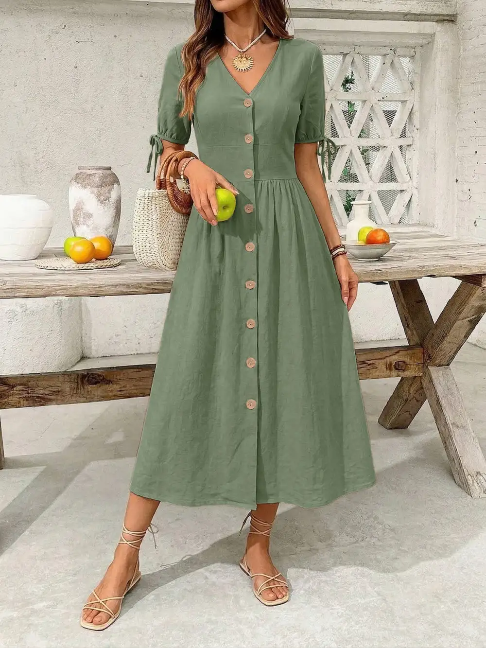 Button Front Short Sleeve Midi Dress