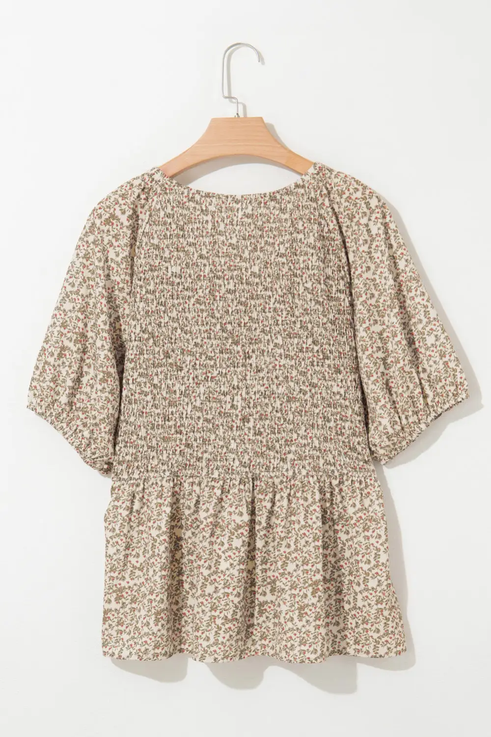 Smocked V-Neck Puff-Sleeve Peplum Fashion Top