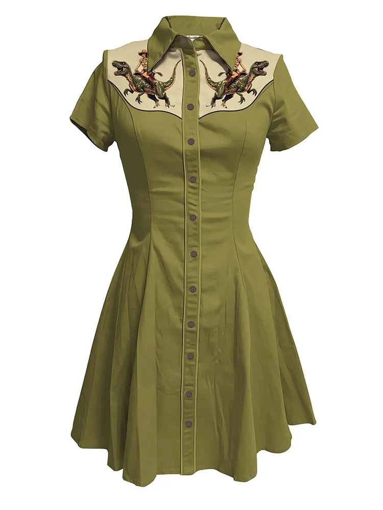 Western Cowgirl And Dinosaur - 100% Cotton Dress