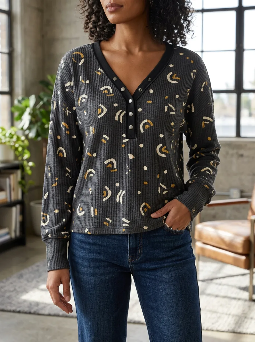 Women's Abstract Geometric Pattern Printed Waffle Knit Henley Shirt