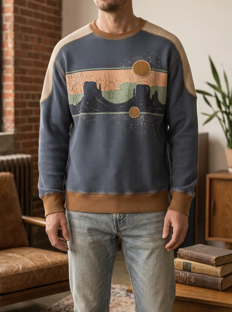 Men's Slate Blue Graphic Textured Waffle Knit Crewneck Sweatshirt