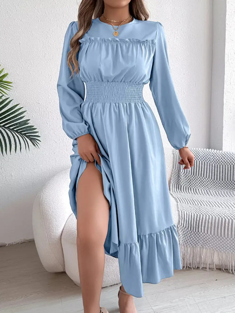 Round Neck Tiered Dress Casual