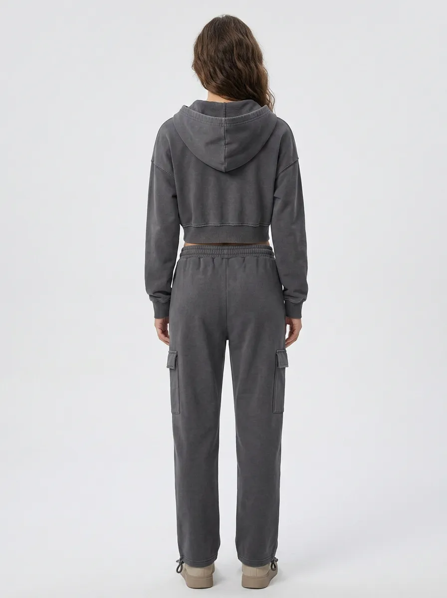 Cropped Cargo-Jogger Sweatpants Sporty Women's Cropped Zip-Up Hoodie Jogger Active Set