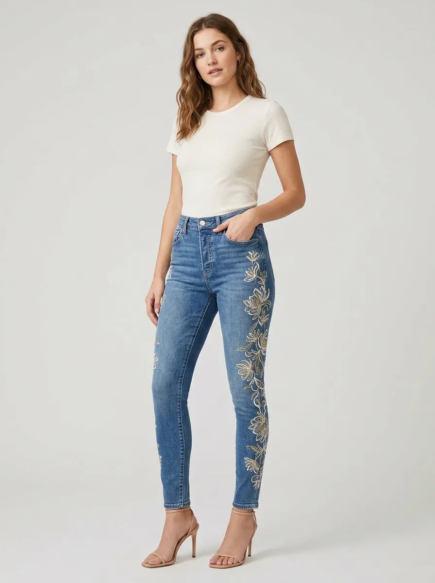 Women's Floral Embroidery Gold Thread Printed Jeans