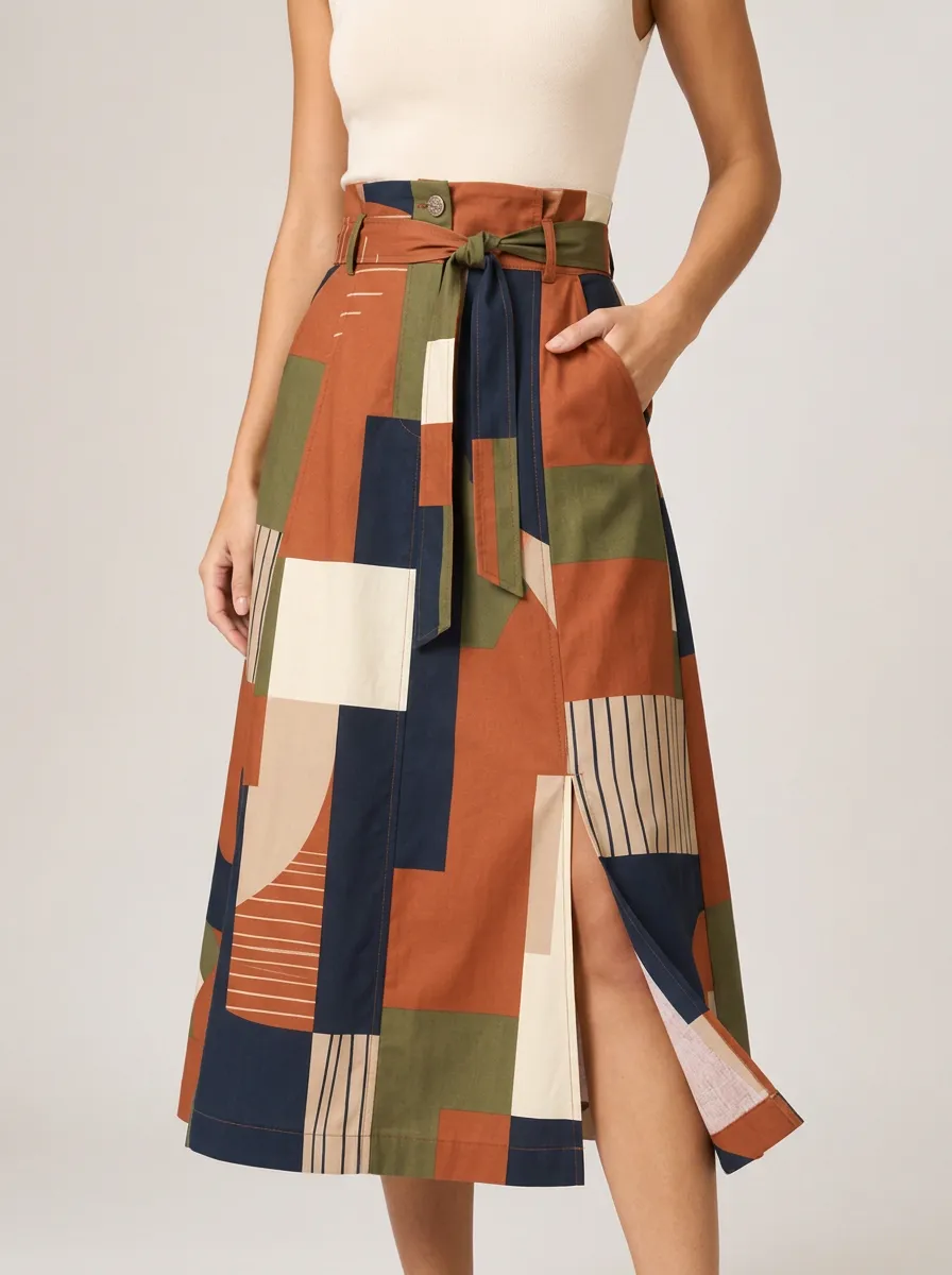 Women's Boho Style Geometric Patchwork Printed Midi Skirt