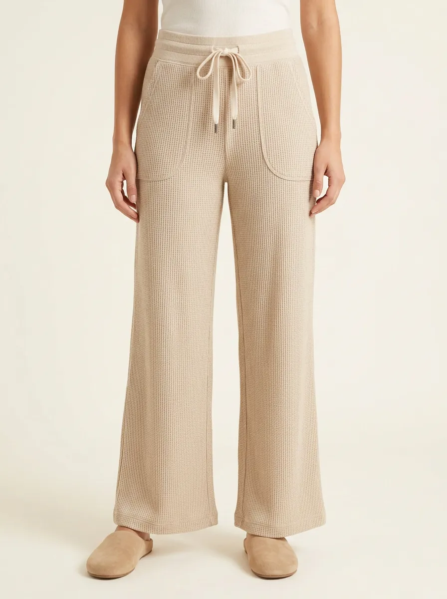 Women's Casual Lounge Waffle Knit Drawstring Wide Leg Pants