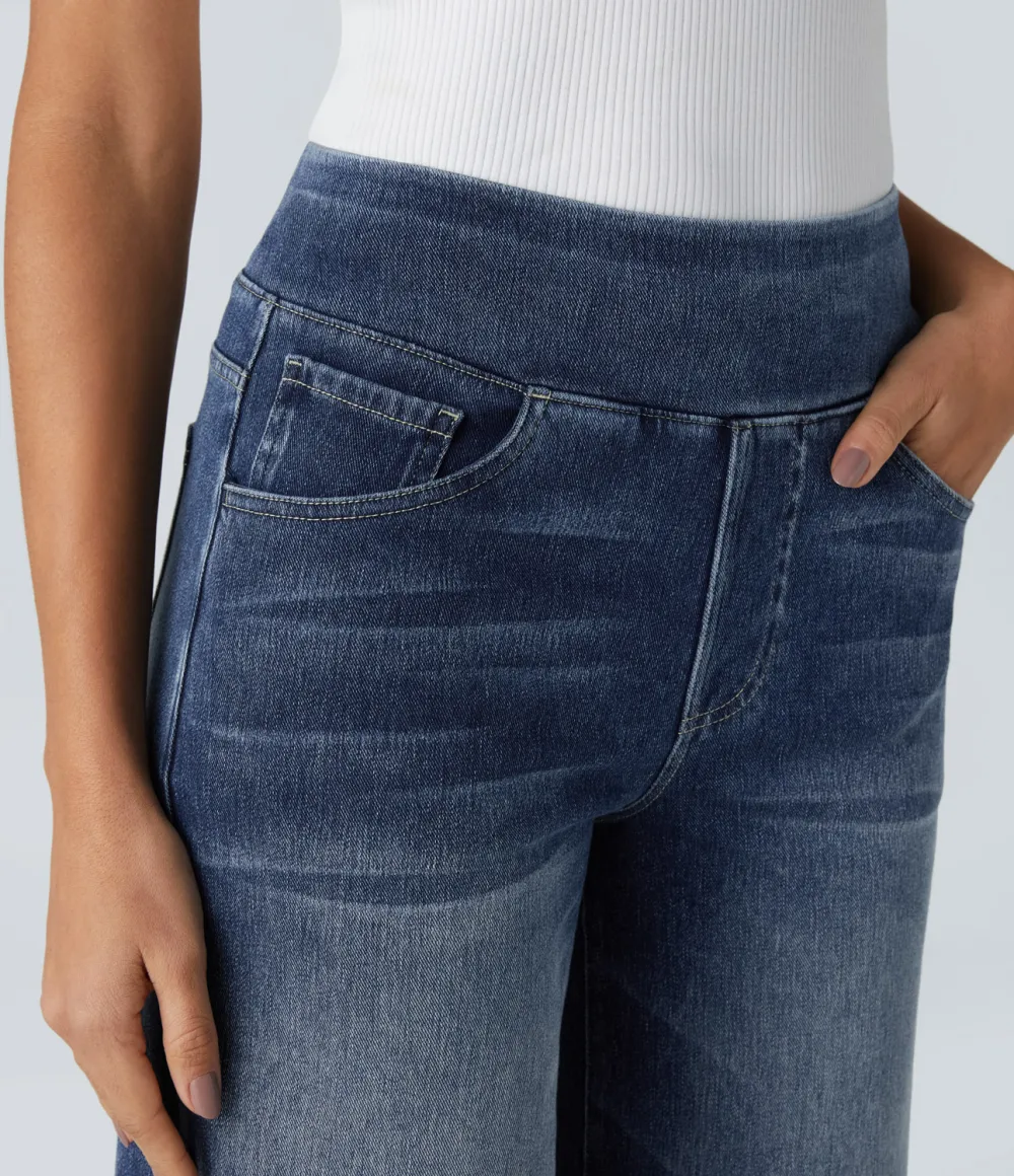 Magic High Waisted Multiple Pockets Wide Leg Washed Stretchy Knit Casual Jeans