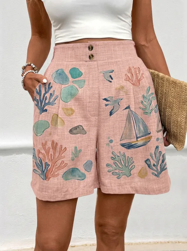 Women's Nautical Coastal Sailboat Coral Graphic Shorts