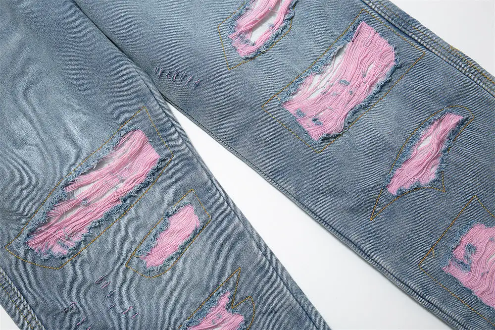 Patchwork Ripped Wide-Leg Jeans