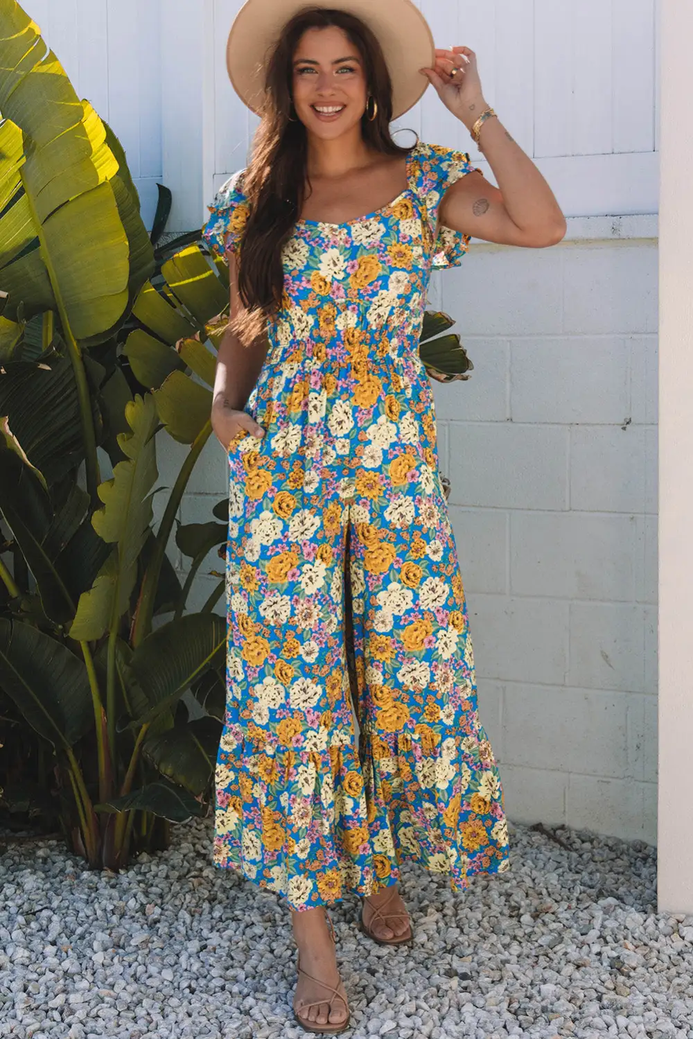 Floral Allover Print Shirred Panel Detail Jumpsuit