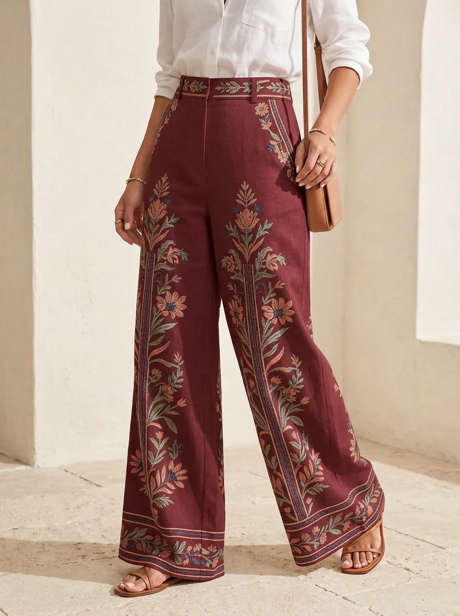 Women's Boho Floral Botanical Patterned High-Waist Wide-Leg Pants