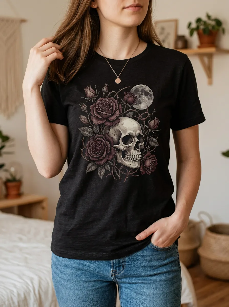Women's Halloween Gothic Skull Rose Moon Short Sleeve Graphic T-Shirt