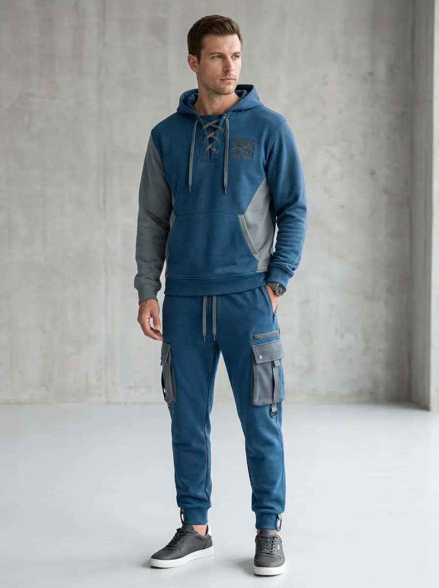 Urban Lace-Up Multi Pocket Utility Look Men's Lace Up Hoodie And Cargo Jogger Set