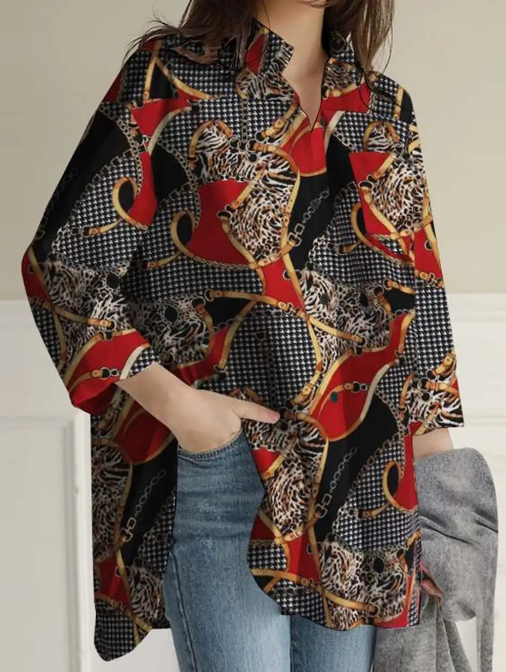 Printed Lapel Long-Sleeved Tunic Top