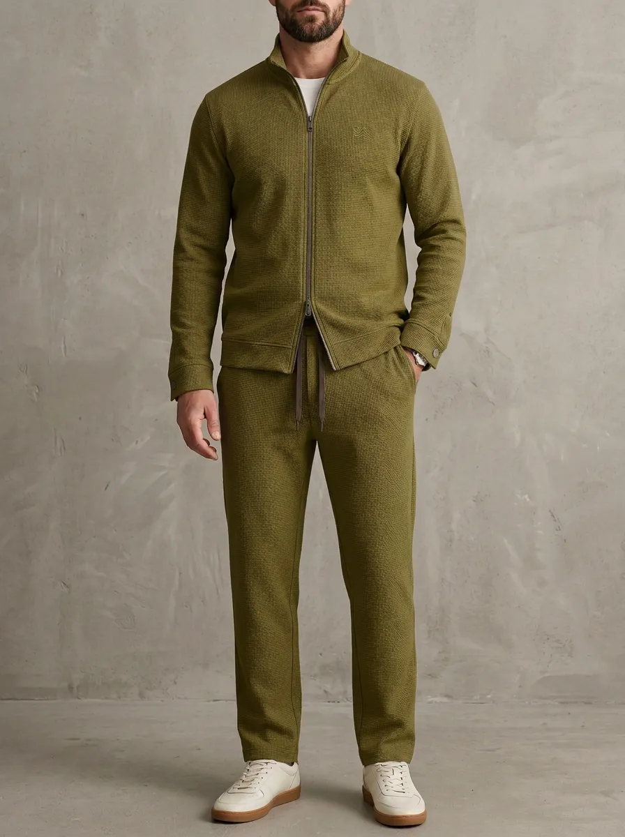 Modern Waffle Knit Zip-Up Jogger Pants Collection Men's Long Sleeve Top and Pants Two Piece Set