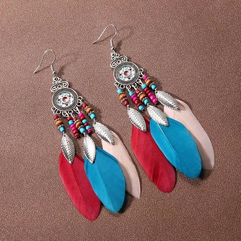 Statement Feather Beaded Tassel Drop Earrings