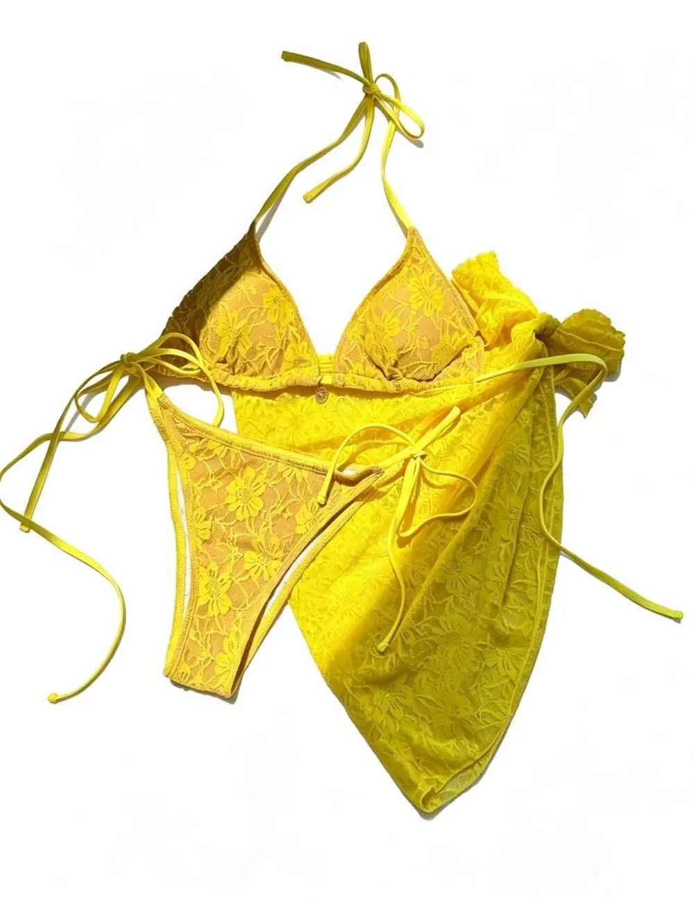 Lace Mesh Triangle Bikini Set with Sarong Set