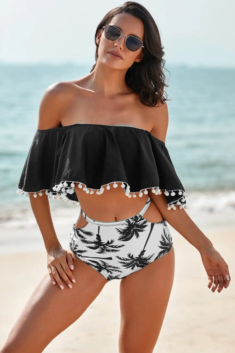 Swimwear Retro Flounce Tassel Off Shoulder High Waisted Bikini