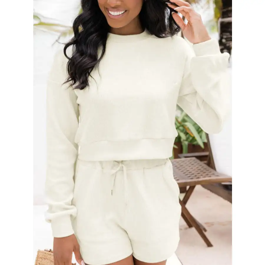 Ribbed Round Neck Long Sleeve Top and Shorts Set