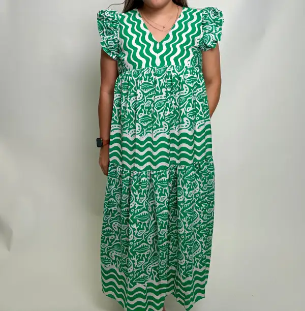 Classic Tiered Ruffle Detail V-Neck Dress