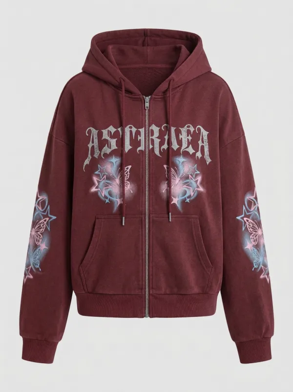 Unisex Streetwear Y2K Butterfly Star Printed Zip Up Hoodie