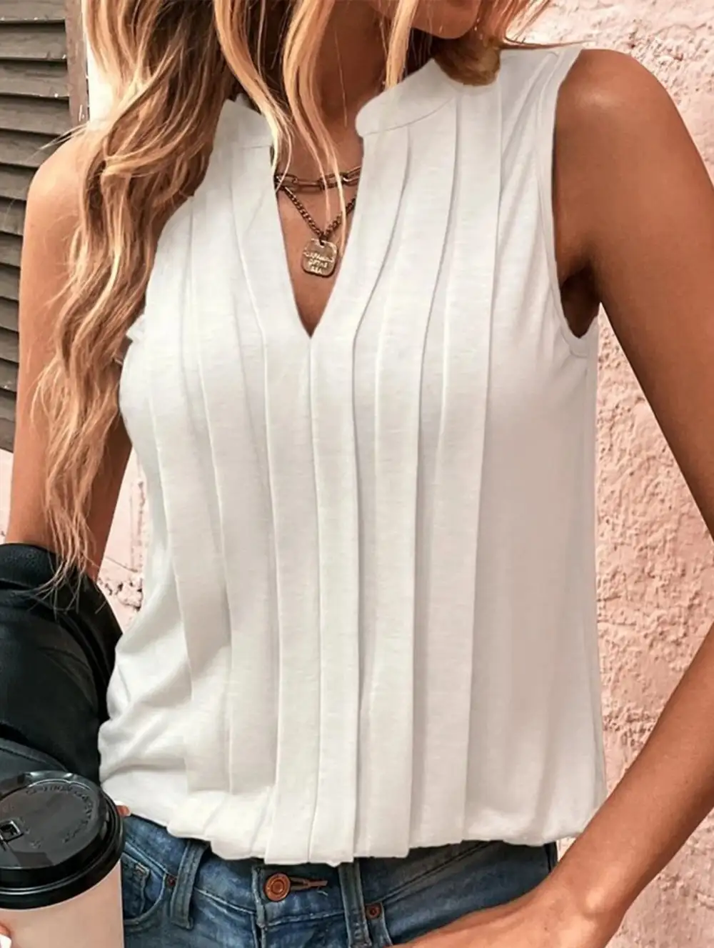 Slim Fit Pleats Sleeveless V Neck Top