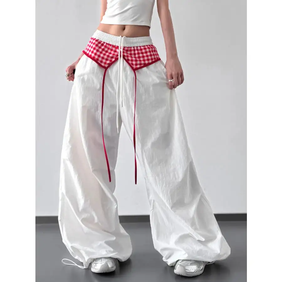 Wide Leg Pants with Checkered Detail