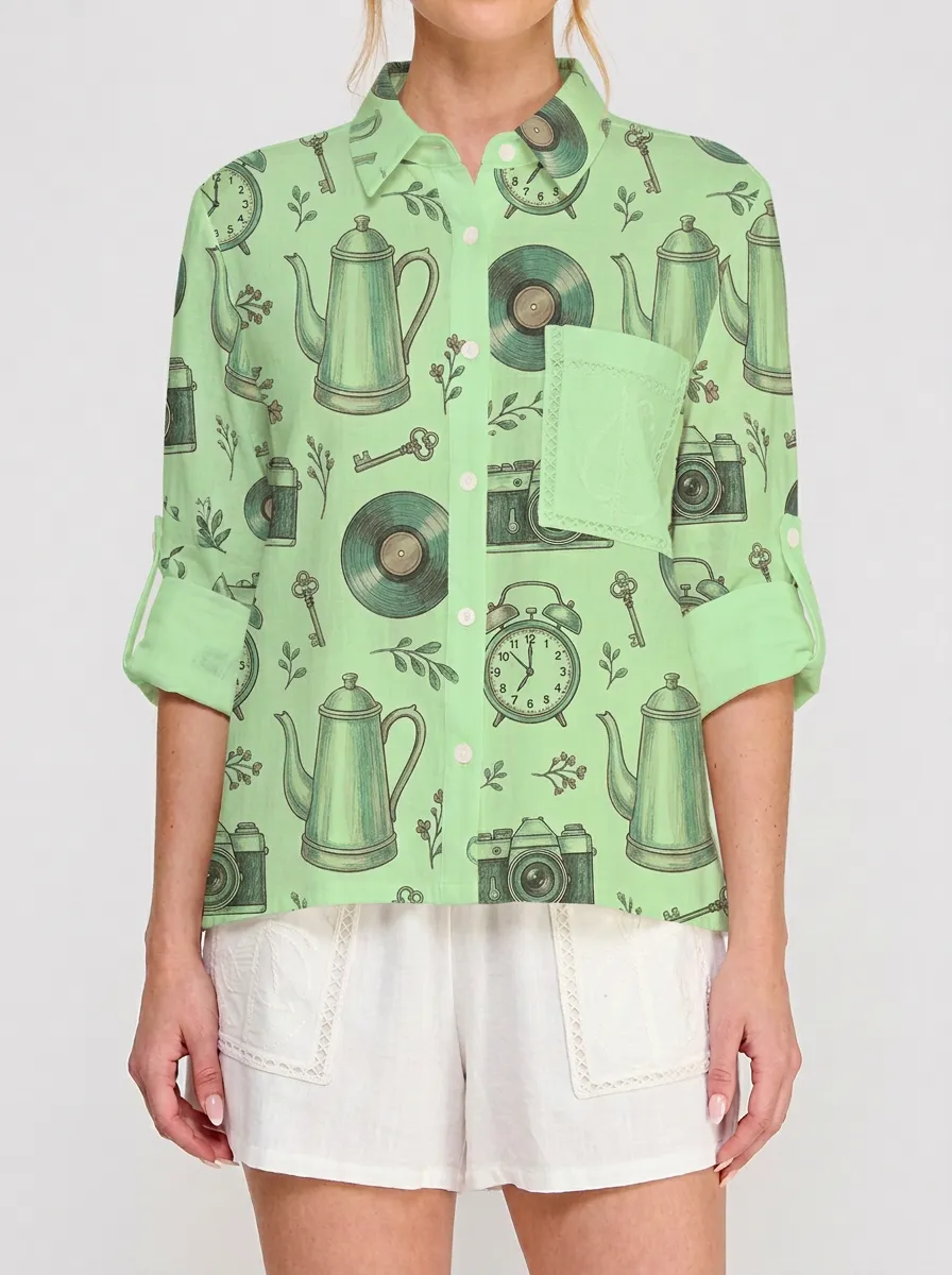 Women's Vintage Retro Objects Camera Vinyl Printed Shirt