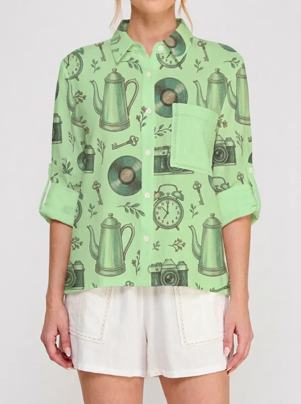 Women's Vintage Retro Objects Camera Vinyl Printed Shirt