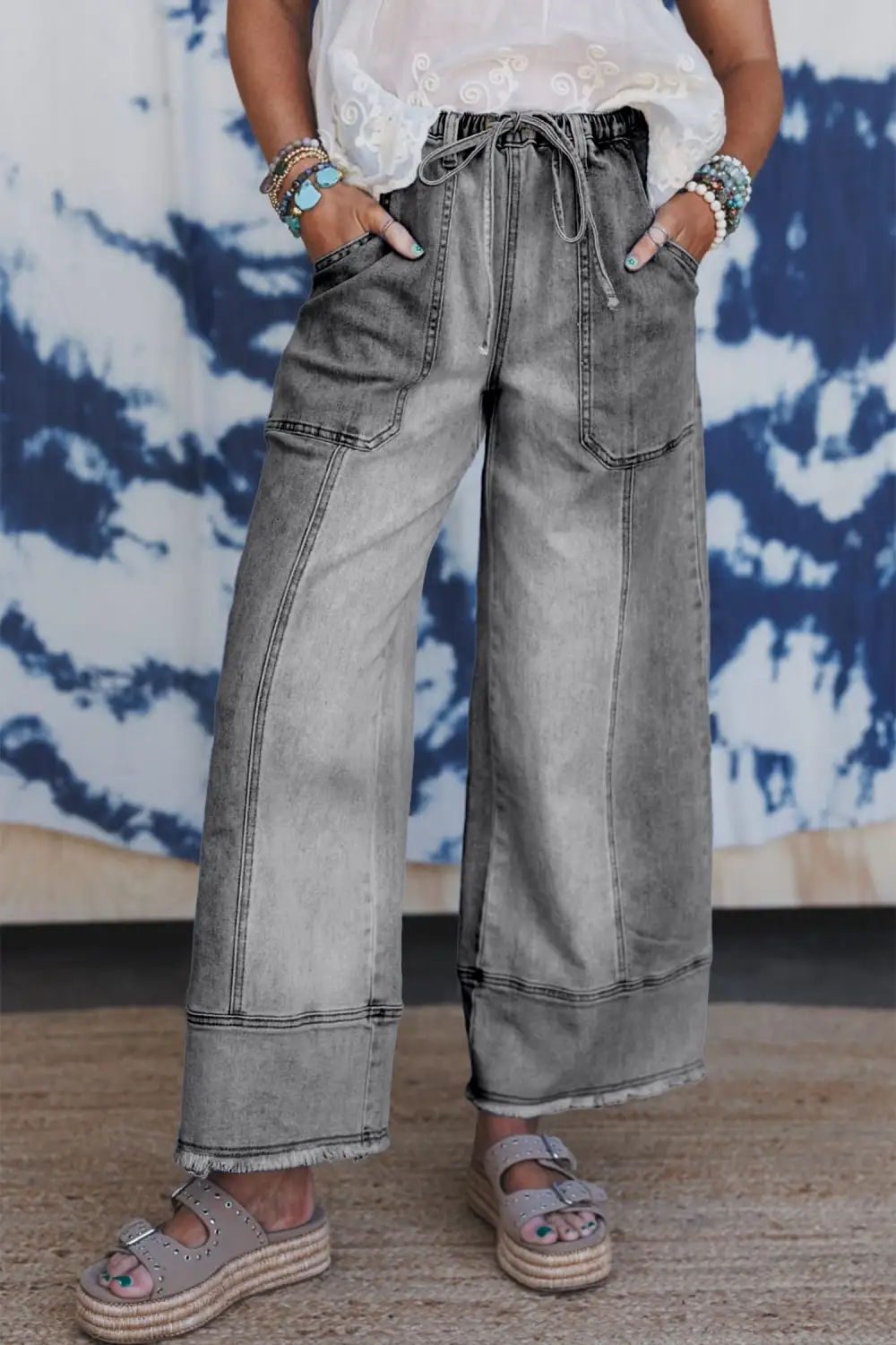 Women's Raw Hem Wide Leg Denim Pants With Drawstring Detail
