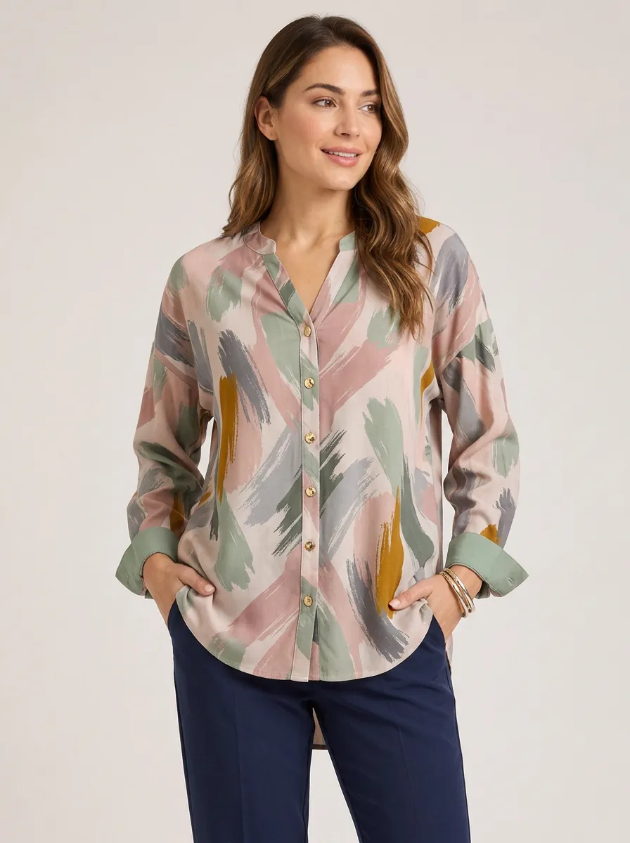 Women's Abstract Brushstroke Printed V-Neck Button-Down Shirt