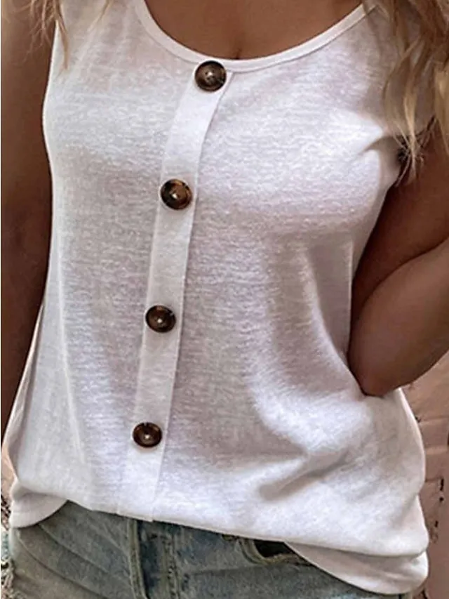 Women's Tank Top Black White Light Green Plain Button Sleeveless Casual Basic U Neck Regular S