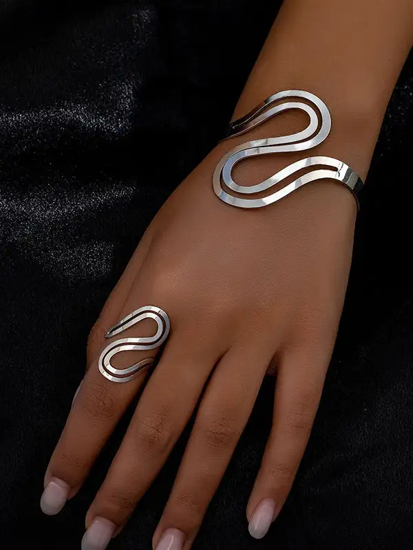 Openwork Geometric Alloy Ring And Bracelet Set