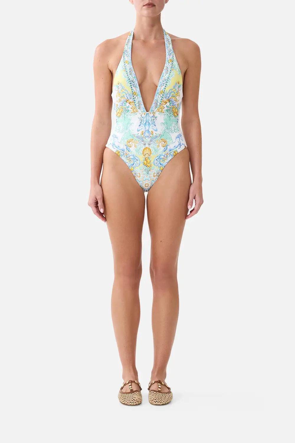 Plunge Halter One-Piece Swimsuit with Bar Front Trim