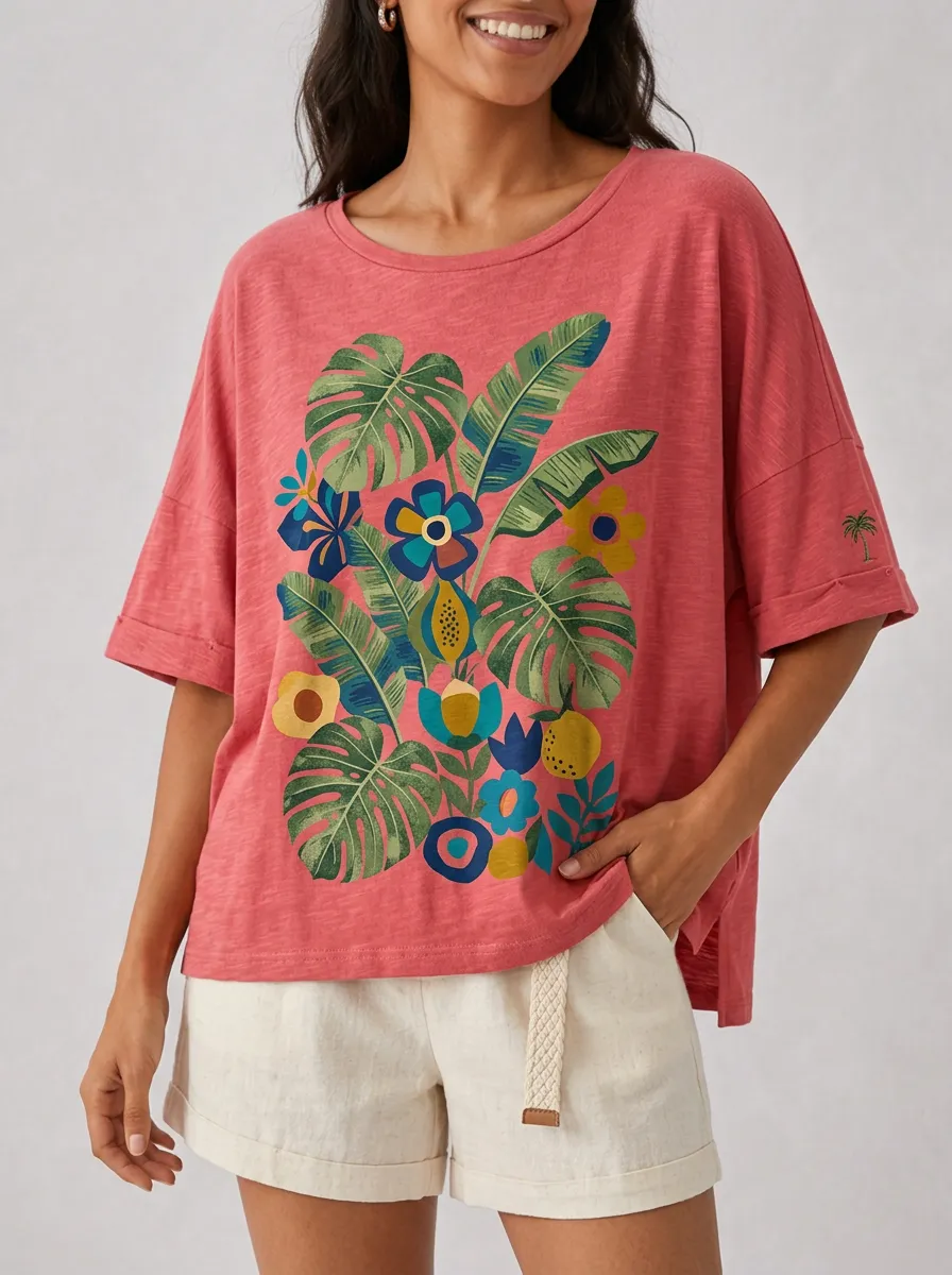 Women's Tropical Botanical Monstera Flower Printed T-shirt