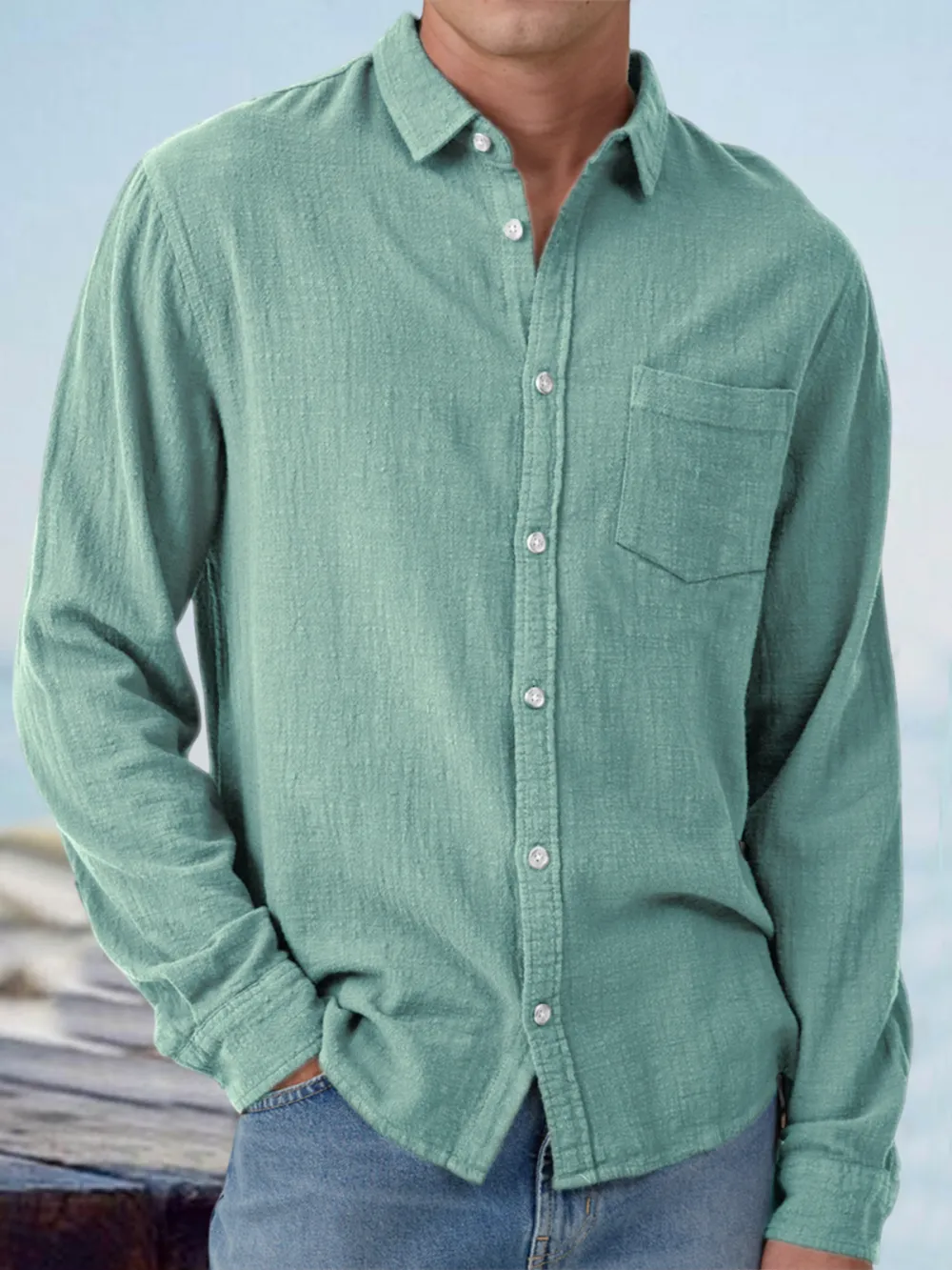 Everyday Long Sleeve Open Collar Pocket Shirt
