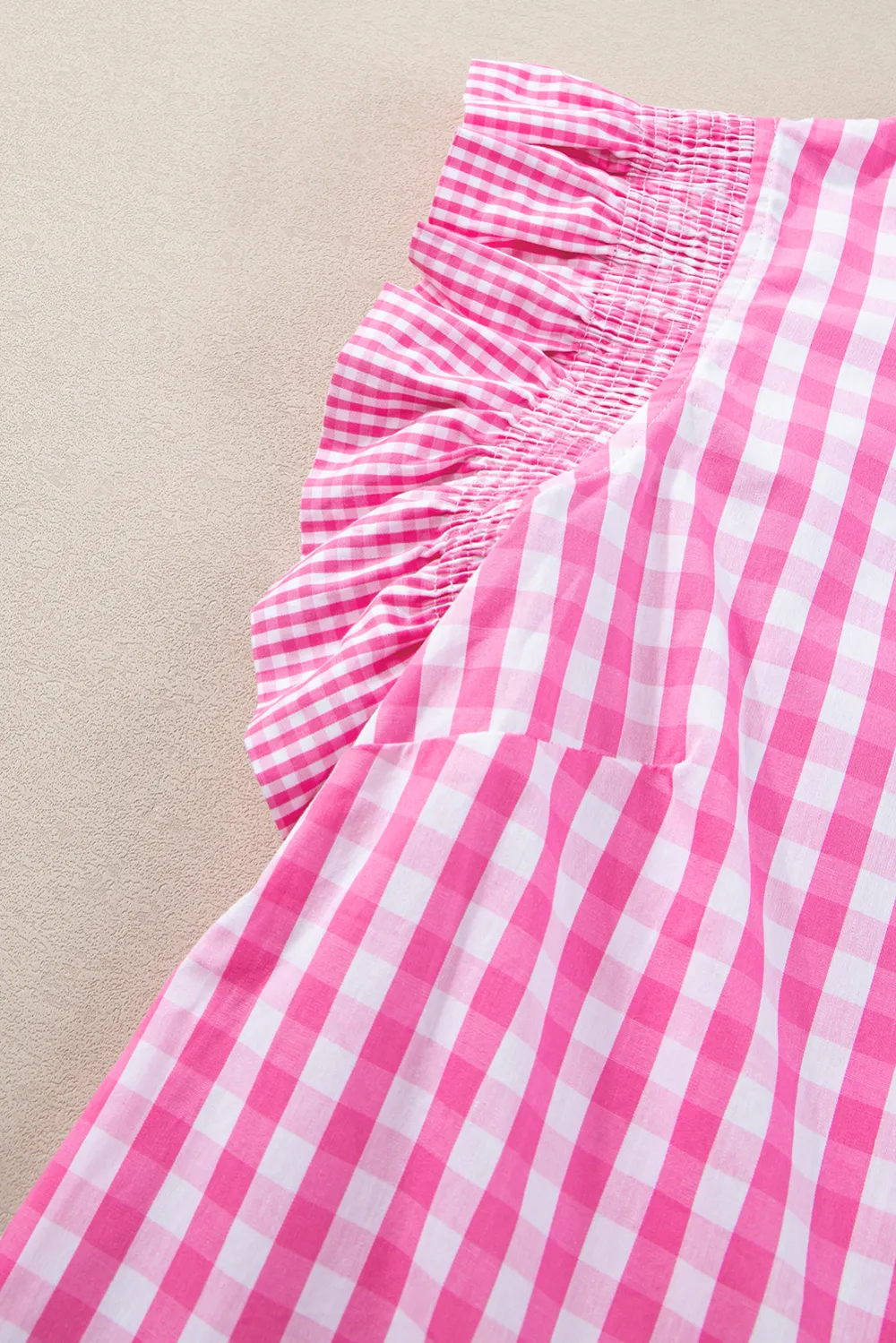 Rose Red Checkered Ruffled Sleeve Blouse
