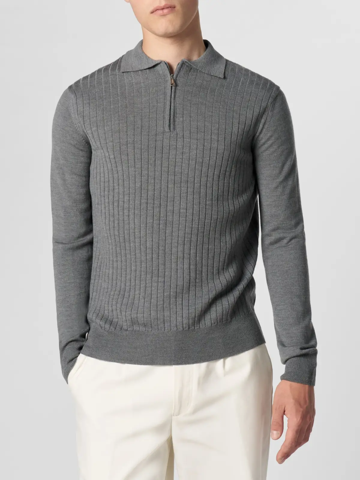 Extrafine Merino Merino Wool Zip Front Ribbed Slim Fit Detail Polo Shirt