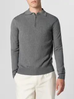 Extrafine Merino Merino Wool Zip Front Ribbed Slim Fit Detail Polo Shirt