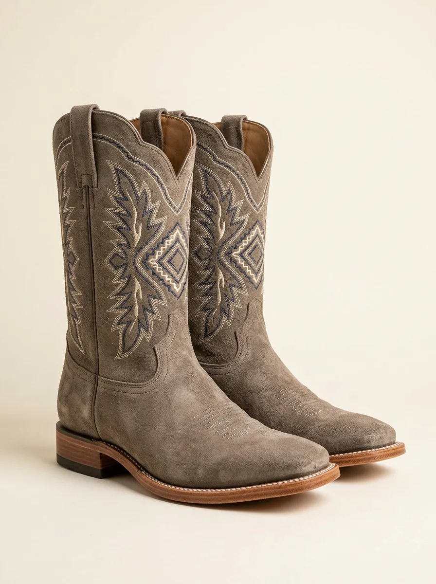 Men's Cowboy Boots with Geometric Detail and Red Accents