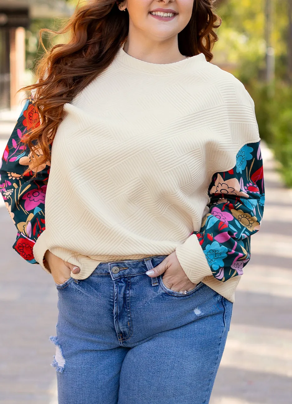Women's Floral Print Textured Patchwork Pullover Top