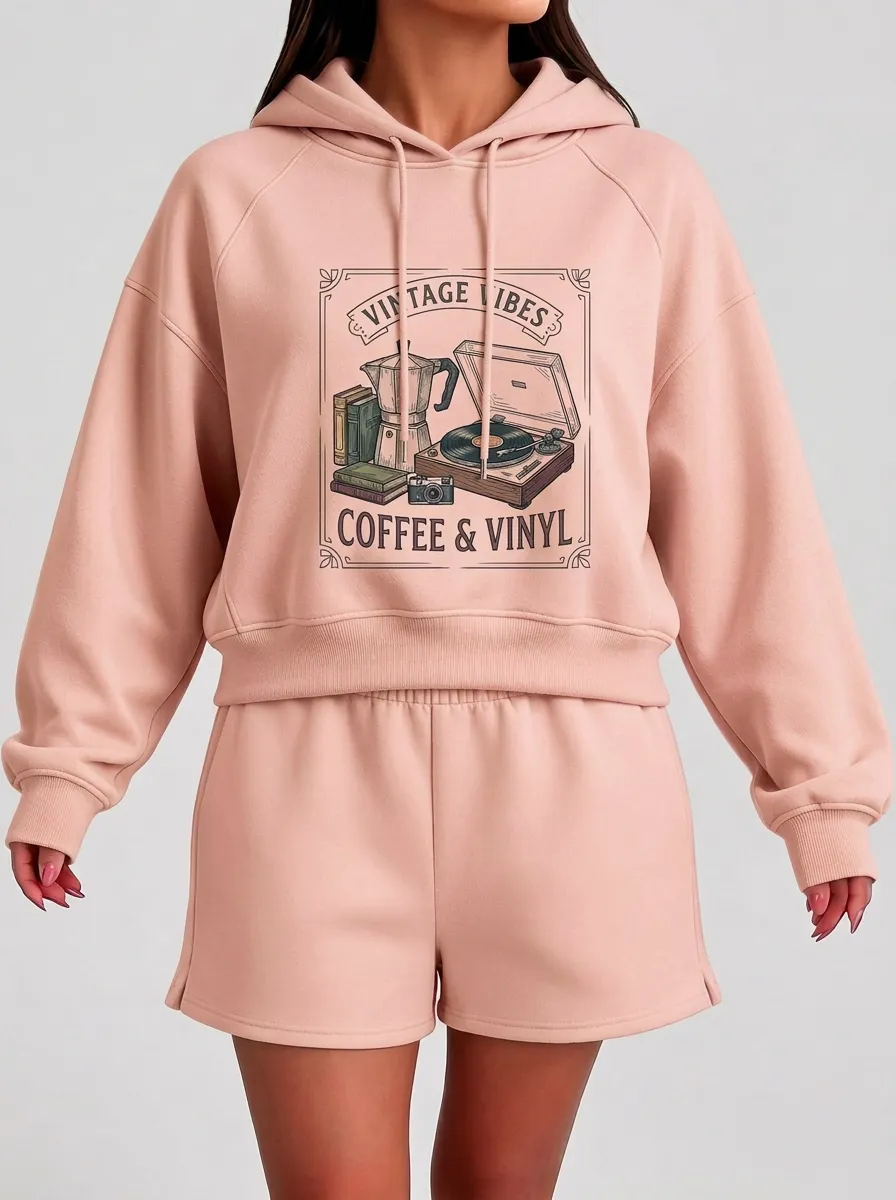 Women's Coffee Vinyl Lover Vintage Vibes Graphic Hoodie