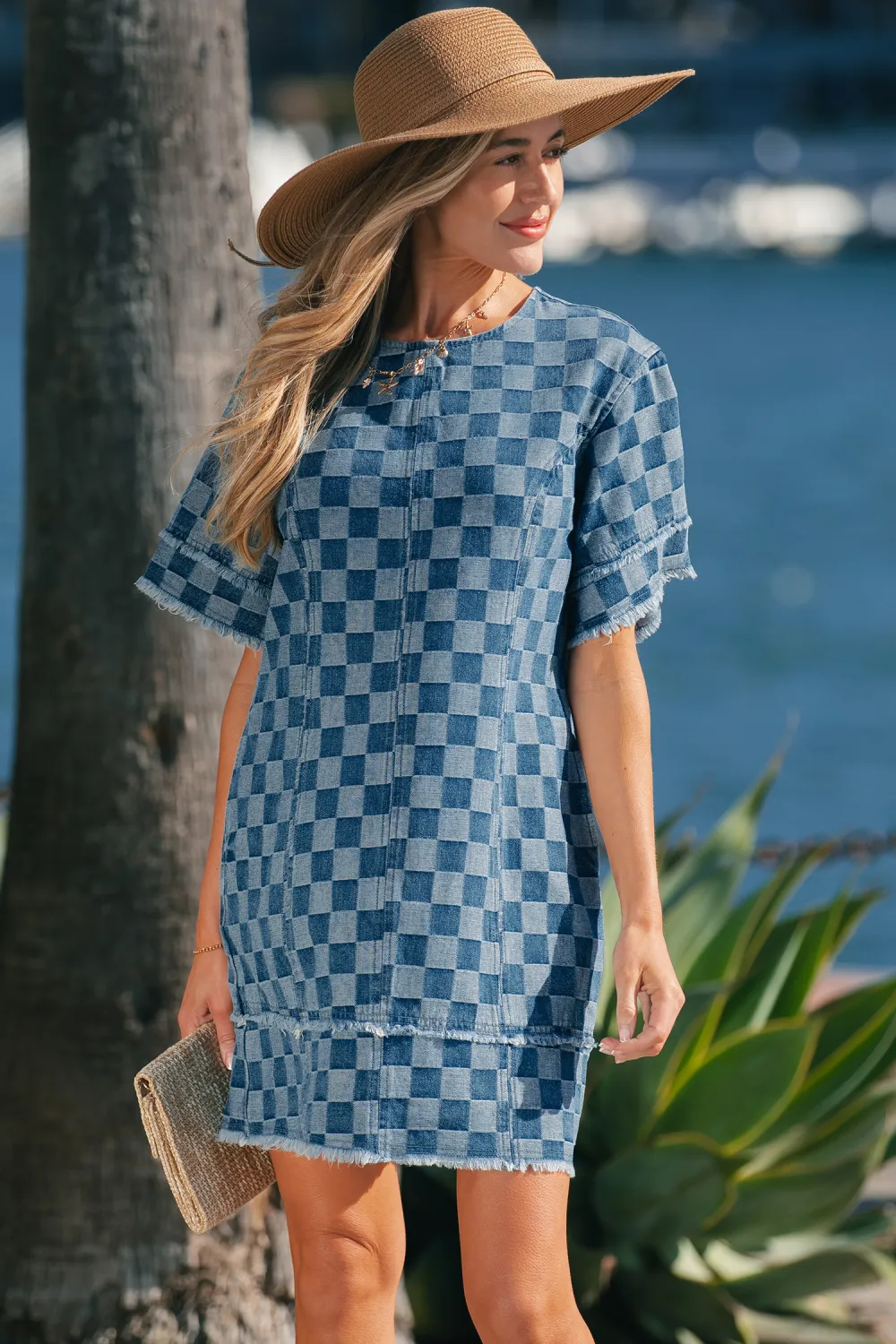 Blue Checkered Denim Mini Dress