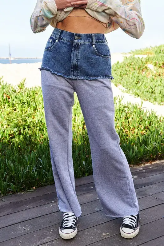 Raw Hem Patchwork Wide Leg Denim Pants
